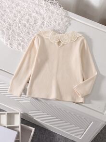 SHEIN Tween Girl Autumn Winter T-Shirt Elegant Eyelet Embroidered Peter Pan Collar Ribbed Knit Long Sleeve Top Casual Apricot Solid Color Layering Tee - Apricot - View 2