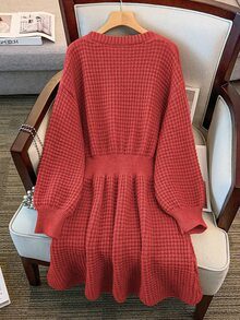 GlowEve CURVE Plus Size V-Neck Lantern Sleeve A-Line Thick Drawstring Knitted Sweater Dress, Solid Color, Winter - Redwood - View 3