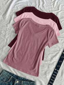 SHEIN EZwear 3件組女款夏季V領修身T恤，龐克次文化動漫風素色基礎V領短袖修身T恤 - 彩色 - 查看 2