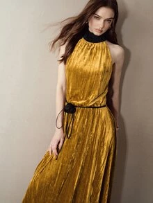 MOTF PREMIUM GOLD HALTER NECK PLEATED EVENING DATE LONG DRESS - Gold - View 5