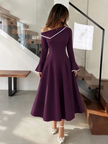 Modelyn 女款不對稱單肩拼色優雅收腰喇叭袖派對洋裝 沙烏地阿拉伯國慶日 - 紫色 - 查看 3
