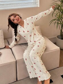 SHEIN Tween女孩可愛甜美極簡彩色小蝴蝶結圖案V領半開襟波浪邊長袖居家舒適睡衣套裝2件組 - 粉色 - 查看 3