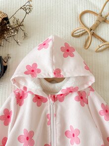 SHEIN 女嬰秋冬可愛花卉圖案燈芯絨連帽保暖內裡夾克 - 淺粉色 - 查看 5