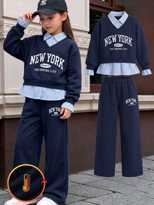 Tween Girls Fleece Lined 2-In-1 College Sweatshirt & Wide Leg Pants Set - Navy Blue - View 3