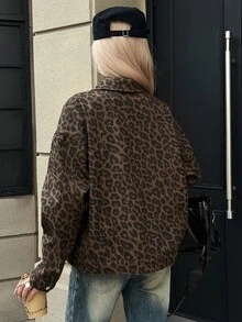 Livesso Women's Leopard Print Loose Casual Denim Jacket - Coffee Brown - View 2