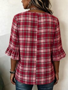 EMERY ROSE Plus Size Women's Brown Plaid Shirt With V-Neck, Button Decor And Mid-Sleeves, Plaid Top, Spring/Autumn - Red - View 2