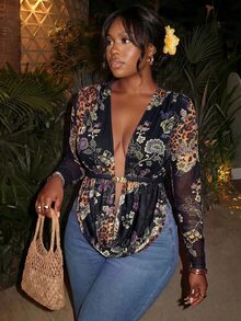 Firerie Plus Size Women's All-Over Print Casual Daily Wear Top Fall - Multicolor - View 1