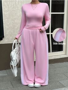 Muchica Plus-Size 2 Pieces Casual Sportswear Set: Pink Long-Sleeve Crew-Neck Top And Loose Pants With Side Stripes (Autumn Style) - Pink - View 5