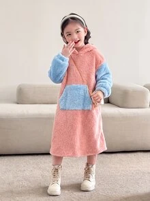 SHEIN 女童雙色口袋落肩泰迪毛絨運動衫洋裝，秋冬款 - 粉色 - 查看 6
