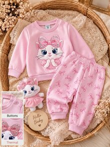 SHEIN 2pcs Newborn Girl Cute Pink Knitted Cartoon Pattern Sweatshirt And Elastic Waist Long Pants Set - Pink - View 3