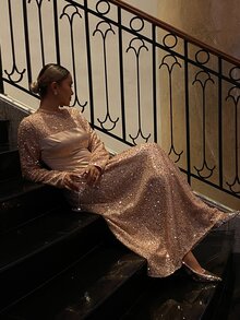 Livesso Women's Solid Color Patchwork Sequin Round Neck Long Sleeve Elegant Mid-Length Dress - Apricot - View 5
