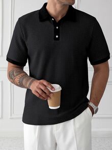 HUEFORM 男士成熟休閒針織提花紋理撞色 Polo 領短袖 Polo 衫，適合日常與正式場合 - 黑色 - 查看 4