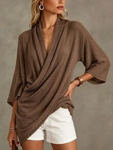 Linhara CURVE Plus Size Women's Casual Solid Color Cross Neck 3/4 Sleeve Ruched Blouse, Suitable For Autumn Indoor And Outdoor Wear Fall - Brown - View 3