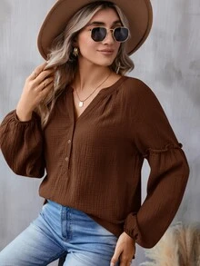 SHEIN LUNE Notched Neckline Lantern Sleeve Blouse,Casual - Brown - View 3
