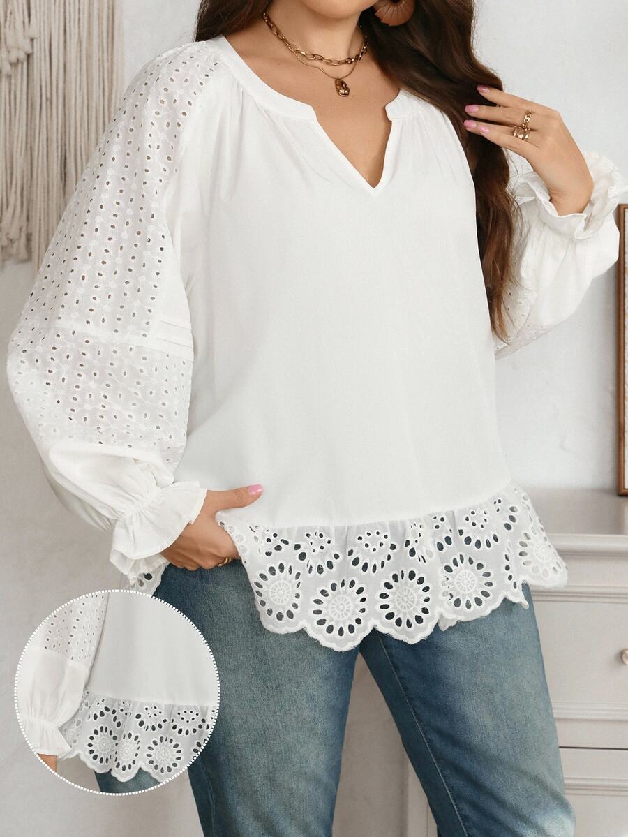 EMERY ROSE Plus Size White Cotton Embroidery Ruffle Trim Notched V Neck Long Sleeve Blouse Elegant Office Fall Winter 2026 - White - View 1