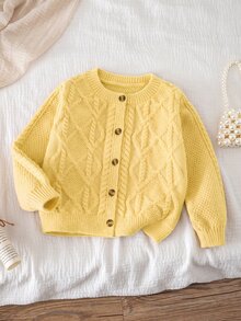 SHEIN 女童純色針織圓領花瓣袖休閒開襟毛衣 秋冬針織衫 - 芥末黃 - 查看 5