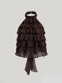 Sweetra Women's Plus Size Summer Fashion Versatile Multi-Layer Ruffle Hem Back Cutout Tie Chiffon Round Neck Sleeveless Short Blouse - Coffee Brown - View 1