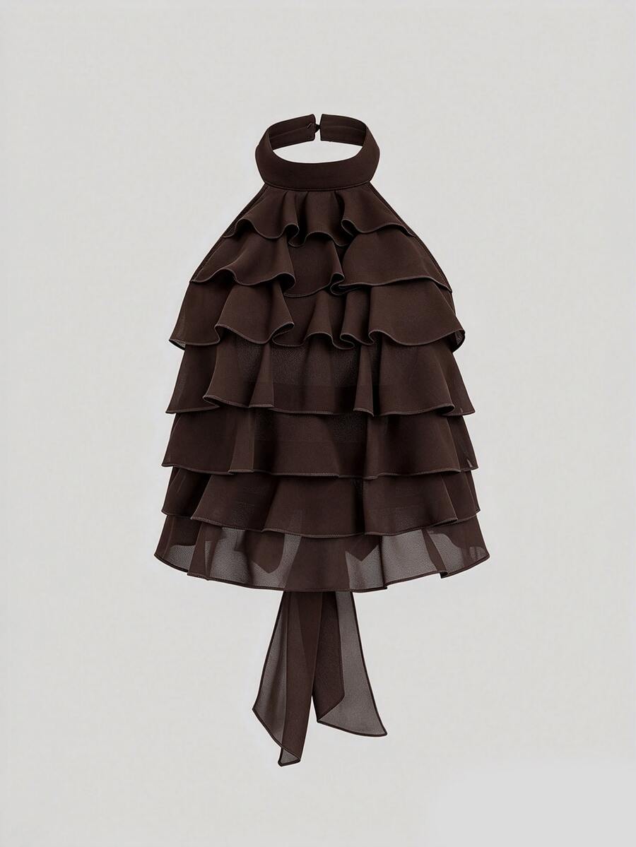 Sweetra Women's Plus Size Summer Fashion Versatile Multi-Layer Ruffle Hem Back Cutout Tie Chiffon Round Neck Sleeveless Short Blouse - Coffee Brown - View 1