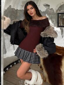 Avenya Fur Collar Off-Shoulder Plush Ribbed Knit Patchwork Pleated Plaid Dress, Autumn/Winter Vibe - Brown - View 6