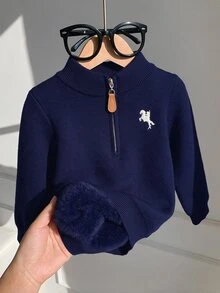 SHEIN 中性嬰兒男孩/女孩、幼兒秋冬保暖內裡加厚立領半鈕扣開襟針織衫，保暖加厚 - 藏蓝色 - 查看 6