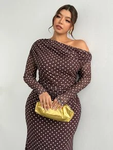 Firerie Plus Size Women Polka Dot Asymmetric Shoulder Long Sleeve Top And Skirt Casual 2 Pieces Set Elegant Thanksgiving 2 Pieces Set For Women Fall/Winter - Coffee Brown - View 1