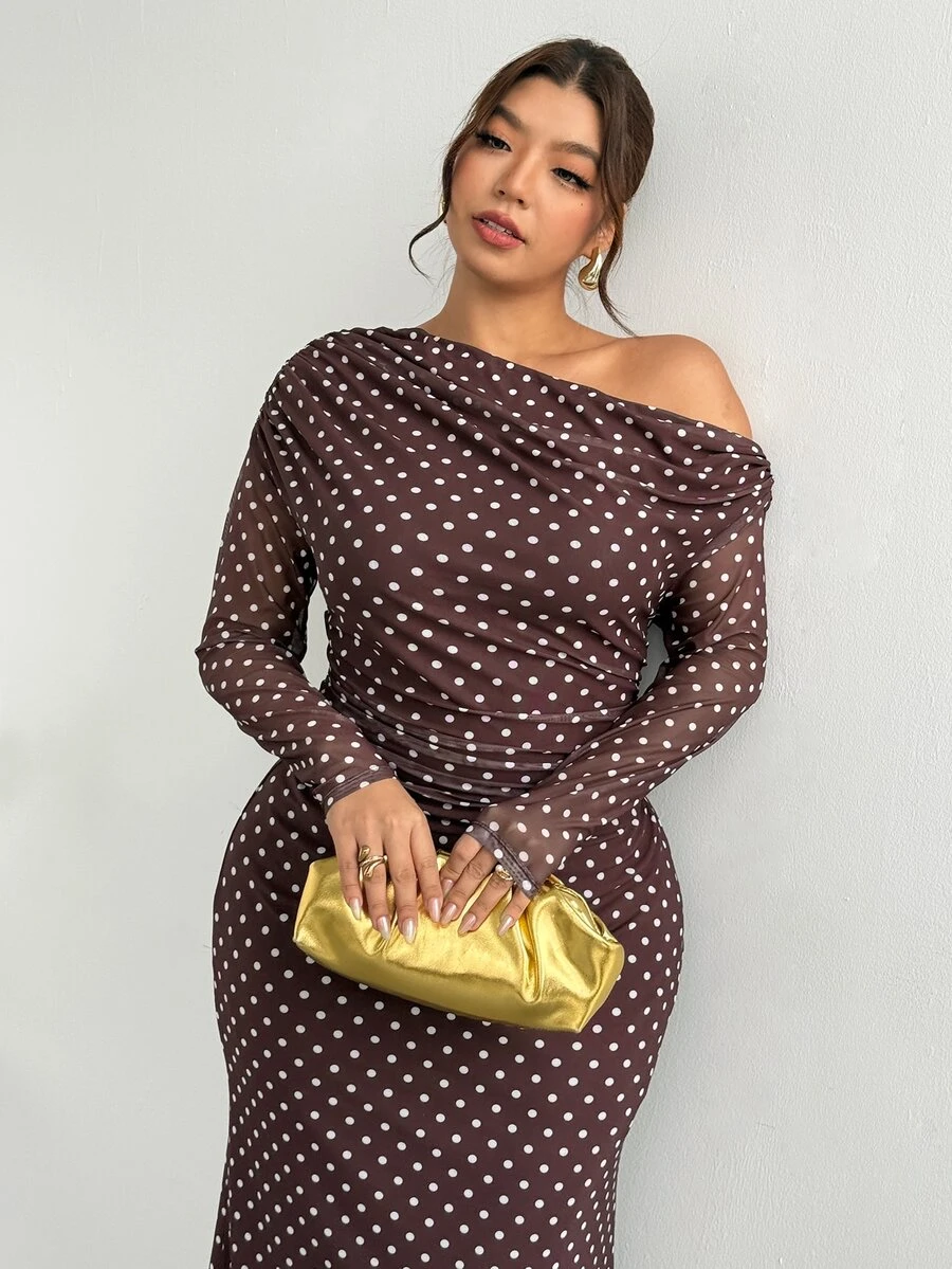 Firerie Plus Size Women Polka Dot Asymmetric Shoulder Long Sleeve Top And Skirt Casual 2 Pieces Set Elegant Thanksgiving 2 Pieces Set For Women Fall/Winter - Coffee Brown - View 1