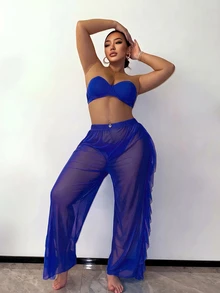 Slaydiva Plus Size Women's Vacation Side Patchwork Ruffle Cover-Up Pants - Royal Blue - View 3
