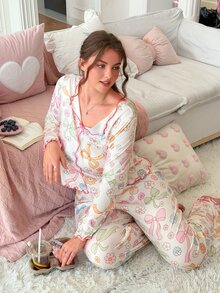 Slumberry CURVE Sweet Ins Colorful Bow & Floral Print Contrast Trim Plus Size Pajama Set - White - View 3