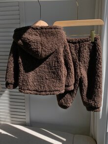 SHEIN 男嬰可愛休閒秋冬米色毛絨連帽衛衣與鬆緊腰長褲套裝 - 棕色 - 查看 2