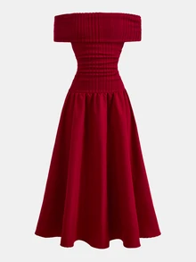 SHEIN Tween Girl Fashion Elegant Tween Girl Red Knit Patchwork -Shoulder -Shoulder Ruffle Long Dress, Suitable For Christmas/Party, Birthday, And Other Occasions - Burgundy - View 6