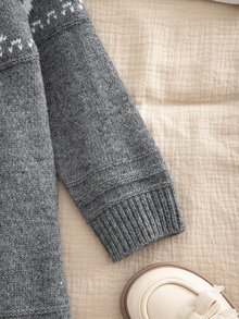 Young Girl Bow Pattern Raglan Long Sleeve Casual Knit Dress - Grey - View 6
