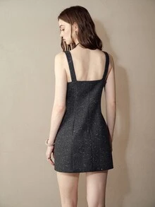 MOTF PREMIUM ROUND NECK SLEEVELESS BUTTON DECOR WOOL JACQUARD GLITTER FABRIC MINI DRESS - Grey - View 2