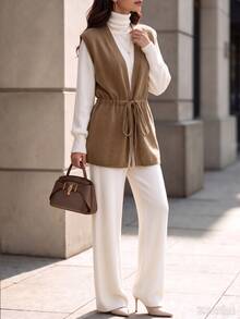 SHEIN Autumn/Winter New Casual Minimalist Solid Color V-Neck Drawstring Tie Mid-Length Knit Vest For Women, Casual Daily Commute Outfit - Khaki - View 5