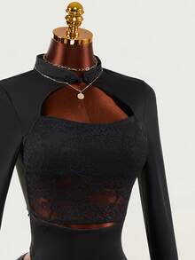 Mistrie Women's Sexy Cutout Streetwear Lace Patchwork Top - Black - View 3