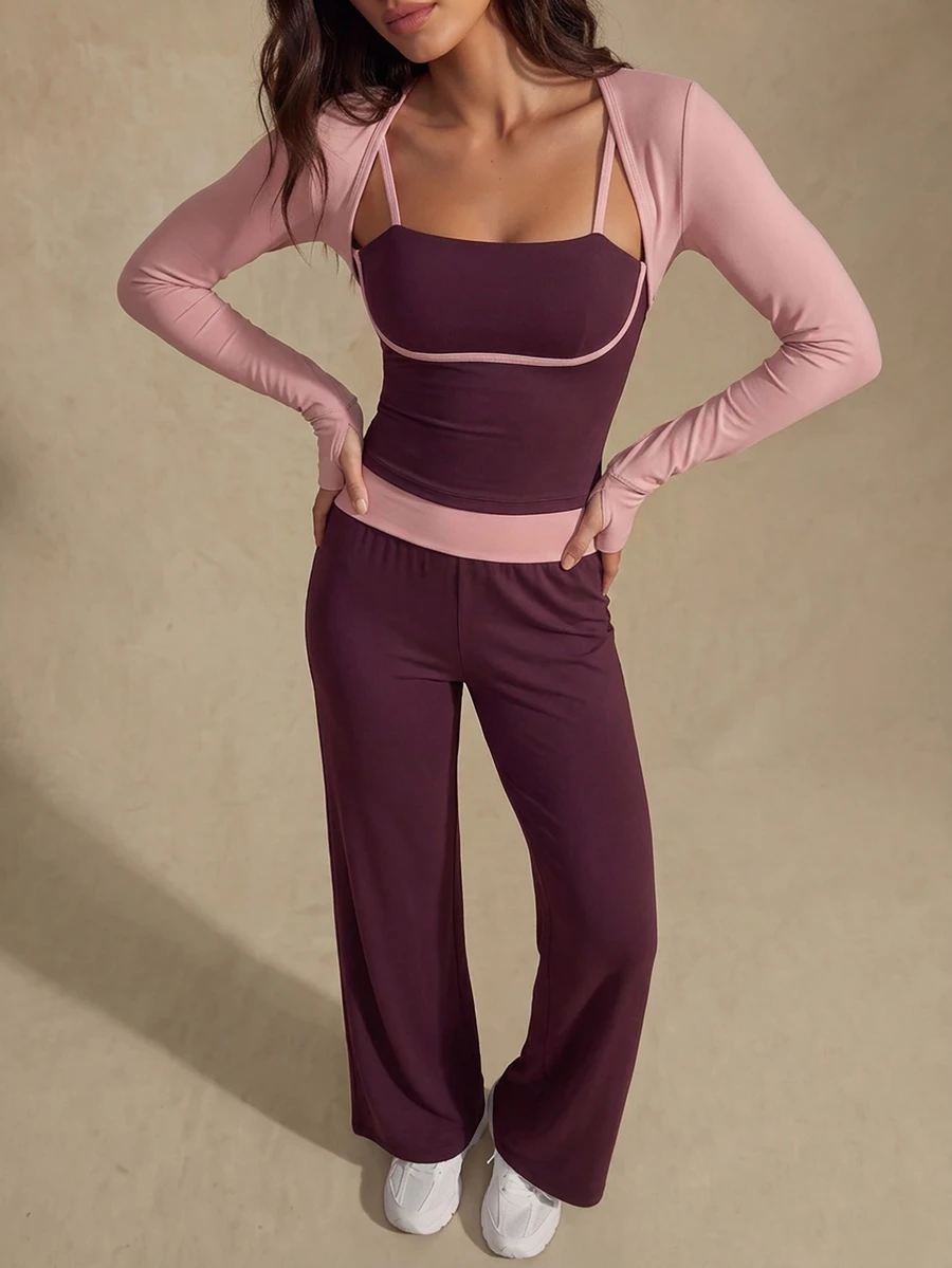 Eassivo Women's Colorblock 2 In 1 Patchwork Top And Pants Casual Daily Sports Set - Multicolor - View 1