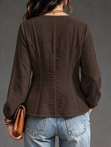 Linhara Women's Plus Size Casual Comfortable V-Neck Long Sleeve Slim Fit Flattering Versatile Pullover Shirt, Autumn Fall - Coffee Brown - View 2