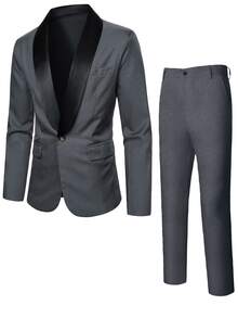 Manfinity Mode Setelan Jas Pria Kerah Syal Warna Polos dengan Kancing Depan, Blazer dan Celana Panjang, Gaya Klasik, Formal, Upacara - Dark Grey - View 5