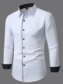Manfinity Bizformal 男士拼色單排扣休閒百搭日常穿著襯衫，正式、儀式場合適用 - 白色 - 查看 4