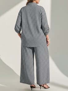 Chikora 大尺碼女款格紋上衣與長褲休閒日常兩件套秋季 - 黑與白 - 查看 3
