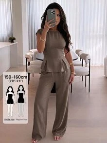 SHEIN PETITE Women's Solid Color Pleated Top And Pants Casual Daily 2 Pieces Set - Coffee Brown - View 1