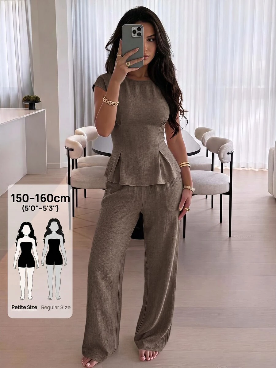 SHEIN PETITE Women's Solid Color Pleated Top And Pants Casual Daily 2 Pieces Set - Coffee Brown - View 1
