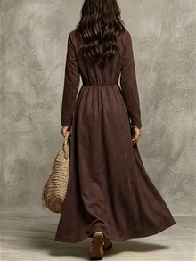 SHEIN Gaun Wanita Elegan Cokelat Suede Berkerah Lengan Panjang Resleting Depan Saku Palsu Belahan Berenda Asimetris Gaya Boho Vintage Musim Gugur Gaya Cowgirl Formal - Kopi - View 2