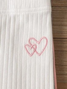 SHEIN Vintaside Kids 3件組女嬰打底褲，秋季休閒度假款，夏季純色長褲，刺繡愛心設計，簡約甜美風 - 彩色 - 查看 5