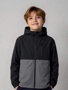 SHEIN 兒童青少年男孩休閒保暖內裡加厚連帽外套，適合通勤、上學、日常休閒、度假、旅行、運動，適用於秋冬季節，冬季外套，羽絨外套，填充外套 - 黑色 - 查看 1