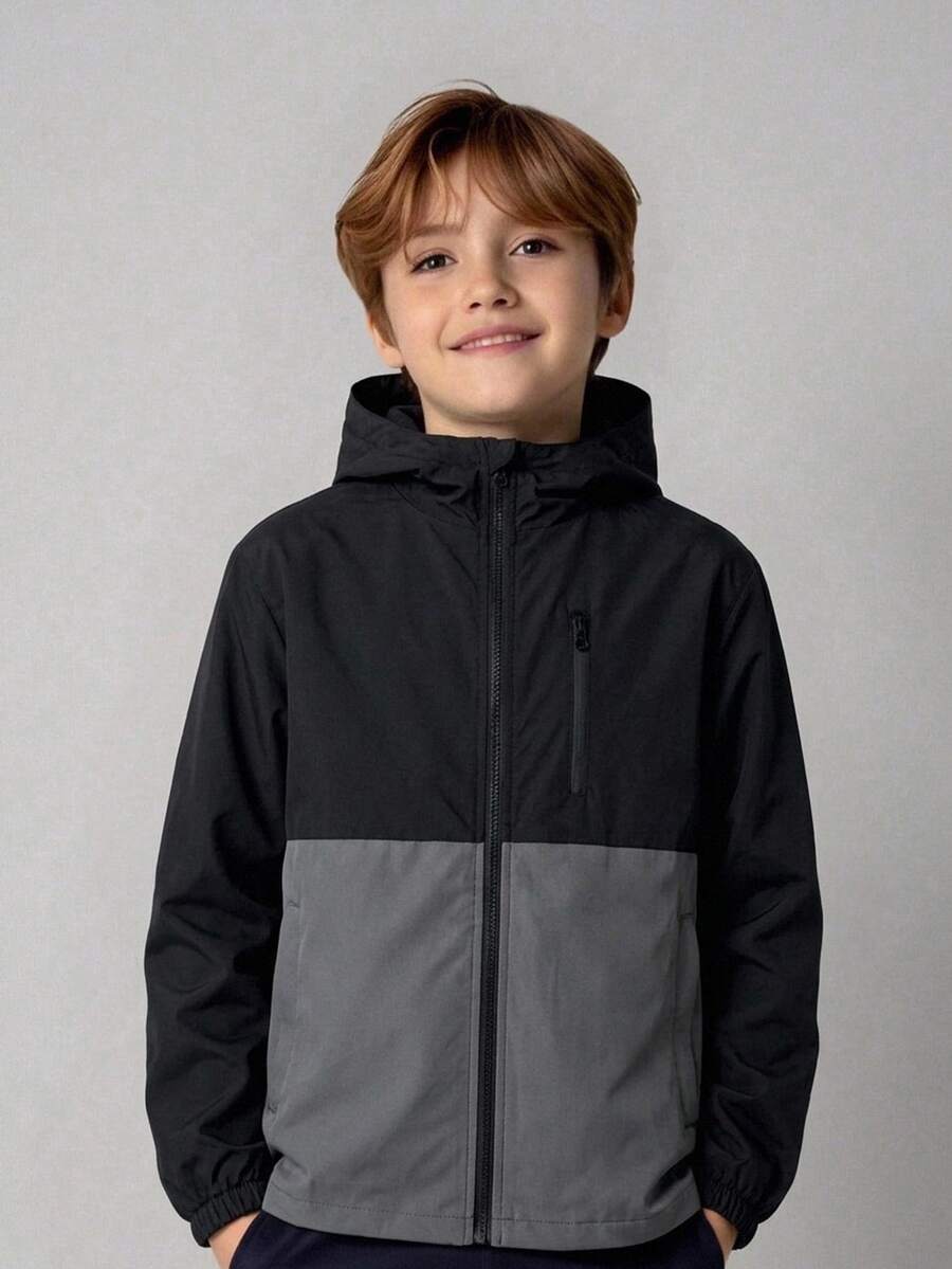 SHEIN 兒童青少年男孩休閒保暖內裡加厚連帽外套,適合通勤、上學、日常休閒、度假、旅行、運動,適用於秋冬季節,冬季外套,羽絨外套,填充外套 - 黑色 - 查看 1