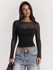 SHEIN BAE تي شيرت نسائي مثير بأسلوب الشارع من الشبك 2 في 1 بأكمام طويلة - الأسود - مشاهدة 6