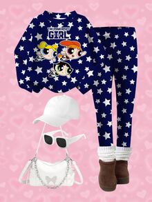 THE POWERPUFF GIRLS X SHEIN 女童五角星印花長袖運動衫與長褲休閒套裝 - 白色 - 查看 3