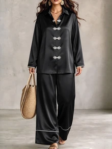 Linhara CURVE Women's Fashion Casual Long Sleeve Lapel Contrast Color Frog Button Satin Blouse And Elastic Waist Wide Leg Pants 2 Pieces Set, Suitable For Daily Commute And Outing Wear - Black - View 5