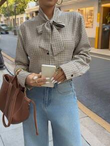 Juhart Dark Brown Plaid Bow Collar Long Sleeve Shirt, Academic Elegant Style, Autumn Daily Work Commute Blouse - Brown - View 5