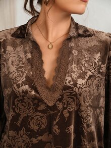 EMERY ROSE Plus Size Women's Autumn/Winter Party Casual Vacation Deep Brown Floral Print Velvet Lace Trim Patchwork Cute Blouse Shirt Top,Fall, Country - Chocolate Brown - View 6